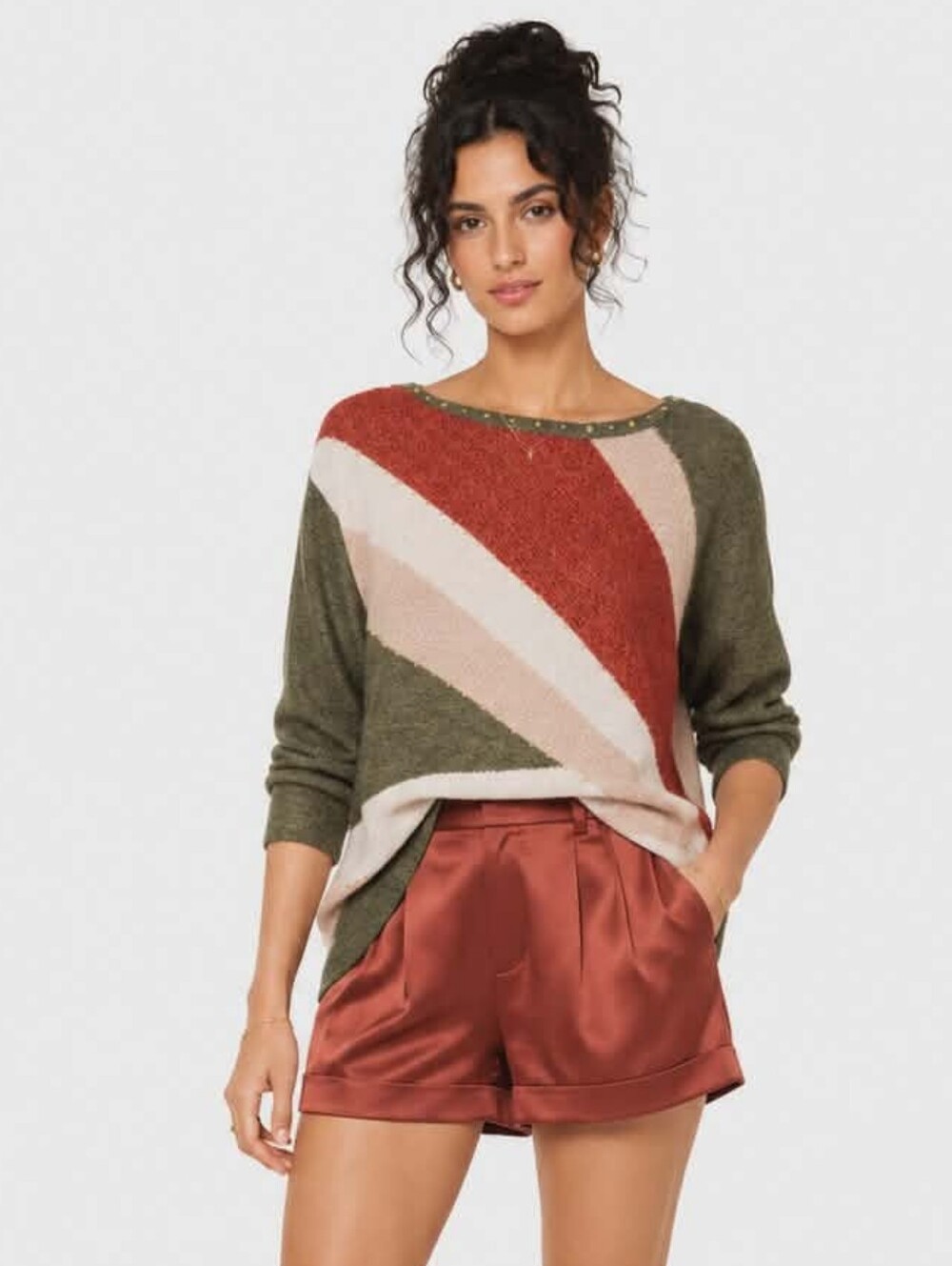 Alfred Dunner Colorblock Studded Sweater Olive Rust Blush Size Large